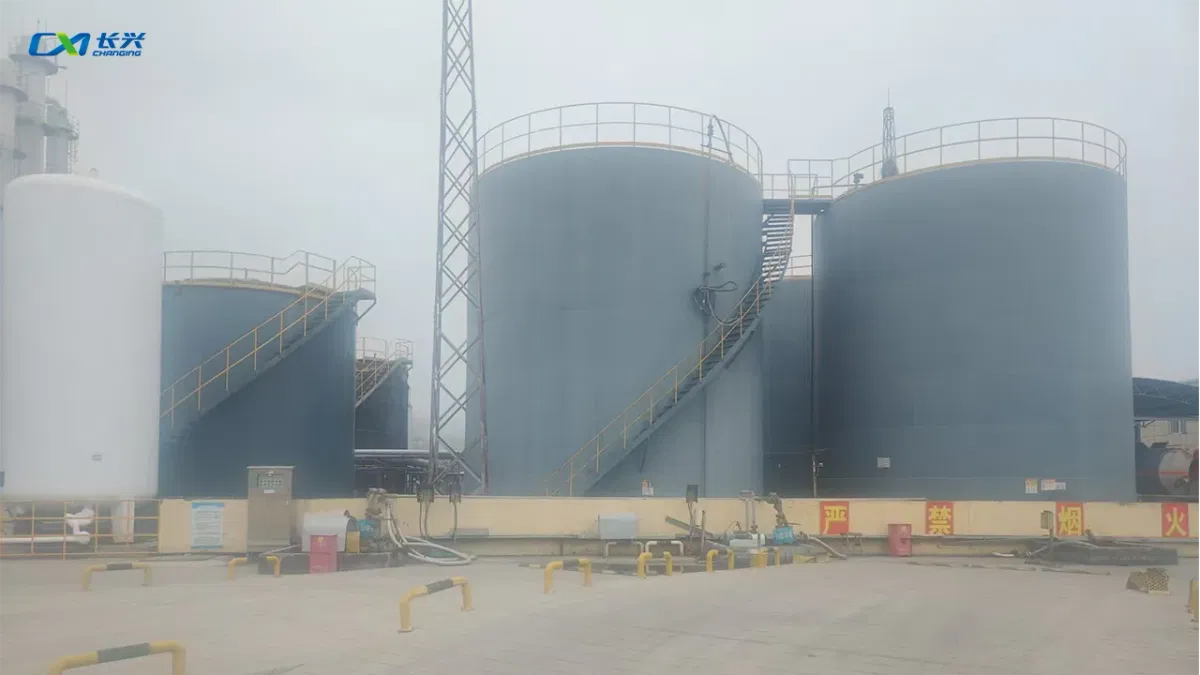 Glycol storage tanks at the Shandong Changxing plant, where MEG is held before it is packed for export