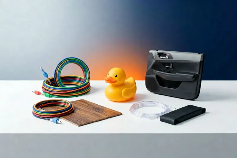 Product showcase: various PVC finished products using phthalate-free DOTP — colorful electrical wires, luxury vinyl flooring planks, plastic toy duck, transparent medical IV tubing, automotive interior material on clean white display surface