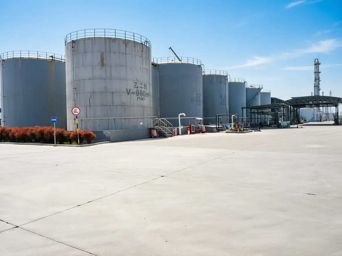 Industrial ethylene glycol storage tanks with proper containment and safety signage in chemical warehouse